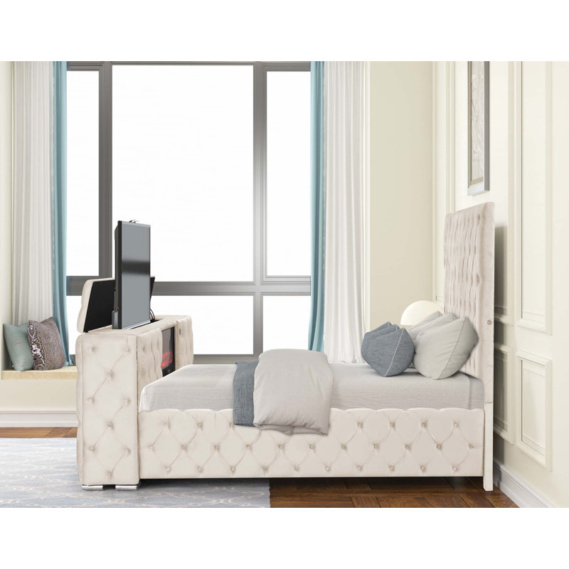 Lit capitonné et rembourré de style moderne Encore en bois (lit seulement), Grand, Beige