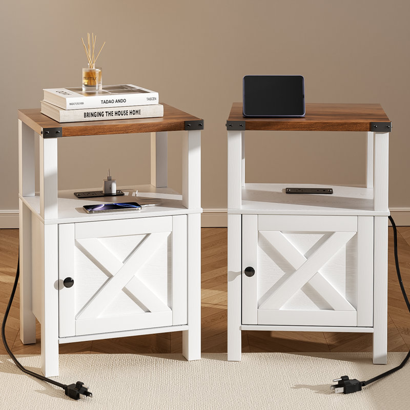 Set of 2 Nightstands with Charging Station, Modern Rustic Bedside Tables with USB Ports, Storage Cabinet and Open Shelf, White Bedroom End Tables