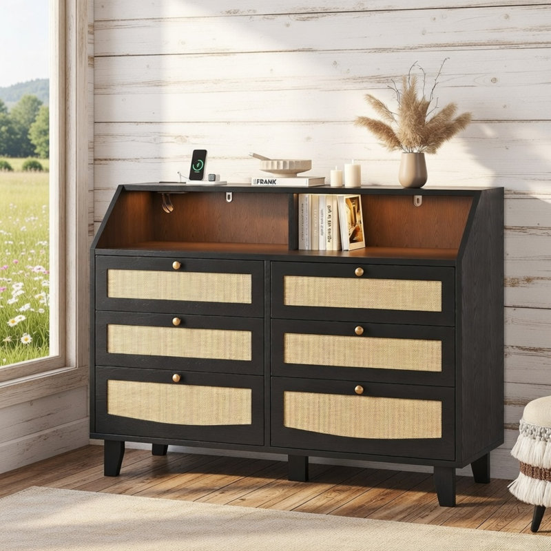  47.2" Rattan 6 Drawer Dresser With LED Lights, Black