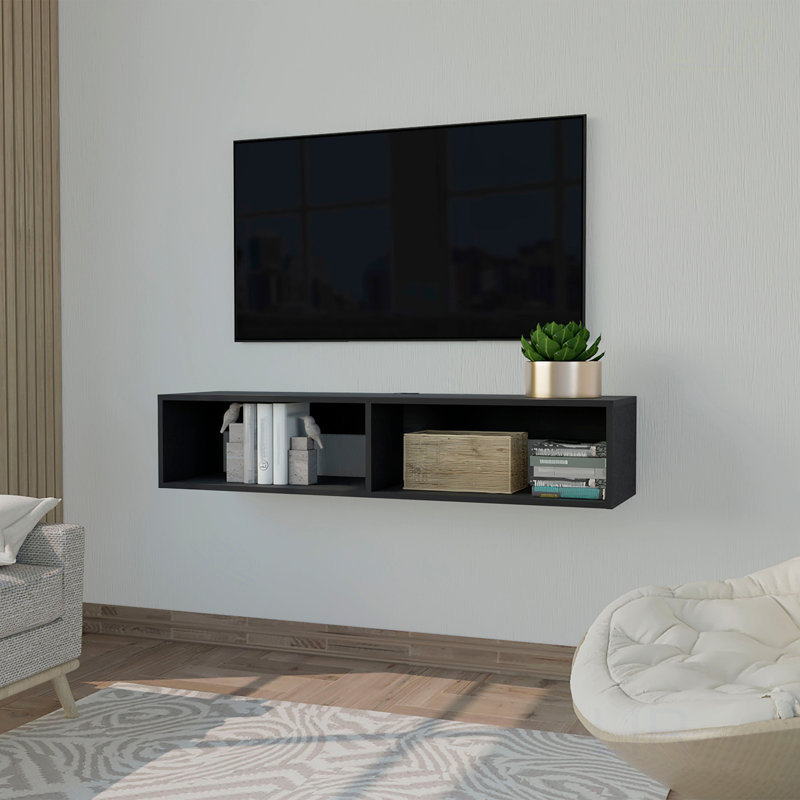 Spacieux meuble télé flottant avec deux tablettes pour la vie moderne et la gestion des câbles, améliorant l'espace et le style, meuble télé