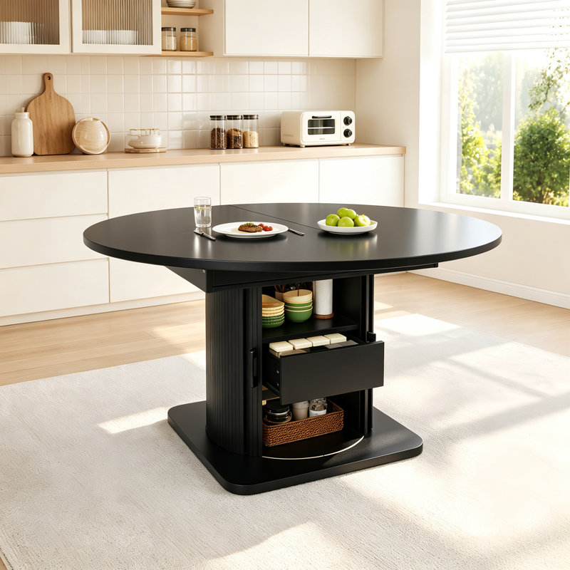 Extendable round dining table, extends to oval, for the kitchen, living room, or office, Black