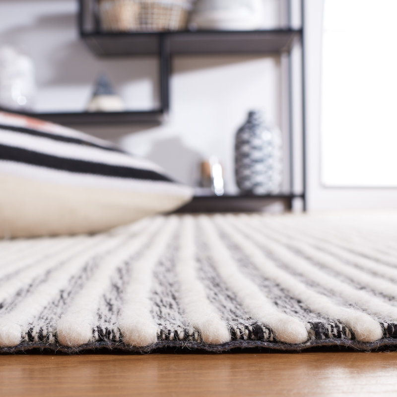 Ivory and Black Handwoven Wool Striped Area Rug, 5' x 8'