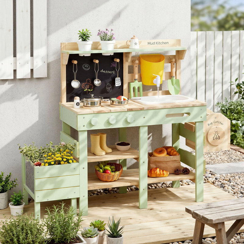Kids Outdoor Mud Kitchen, Solid Wood Play Kitchen with Working Faucet, Detachable Sink, Planter Box, Bug Viewer and Accessories
