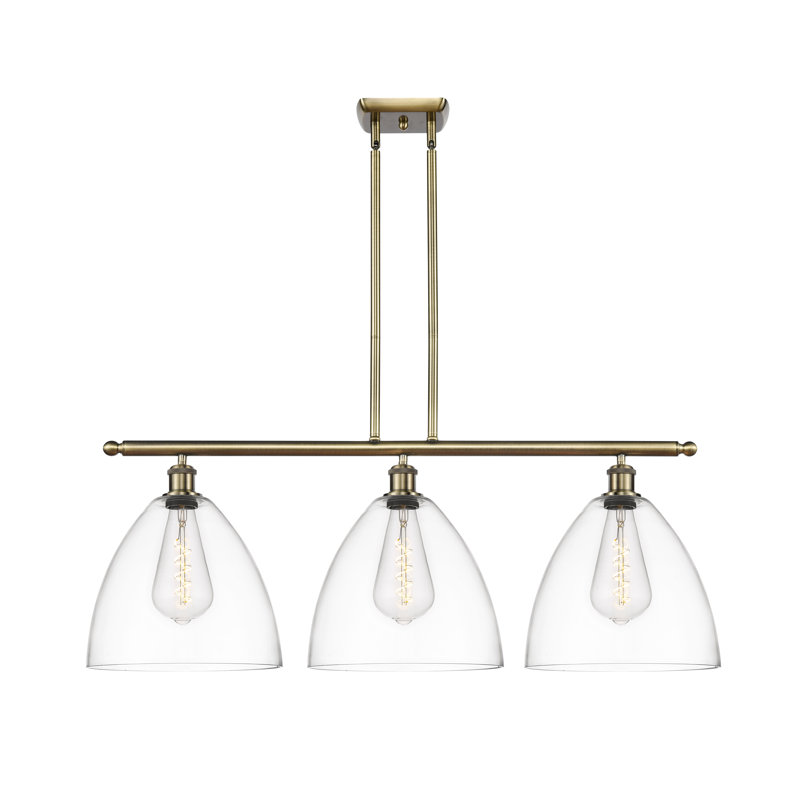 Luminaire suspendu linéaire à 3 lumières pour îlot de cuisine Alizia, Laiton antique, Ampoule non incluse, Transparent