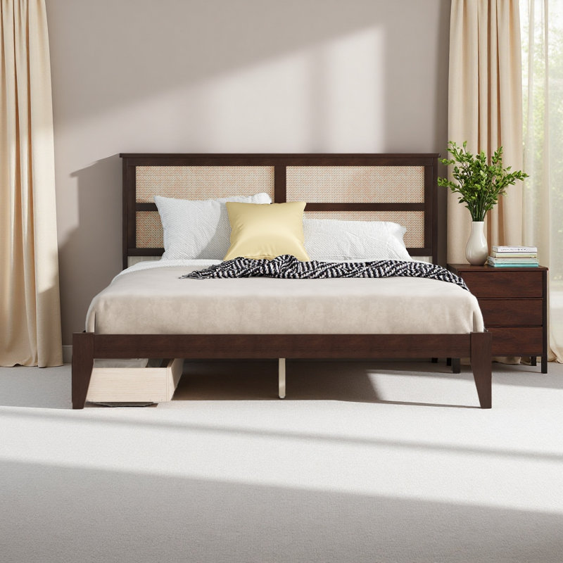 King Size Bed With Rattan Headboard, Two Storage Drawers, Rubber Wood Bed With Enhanced Support Salts And Feet, Espresso