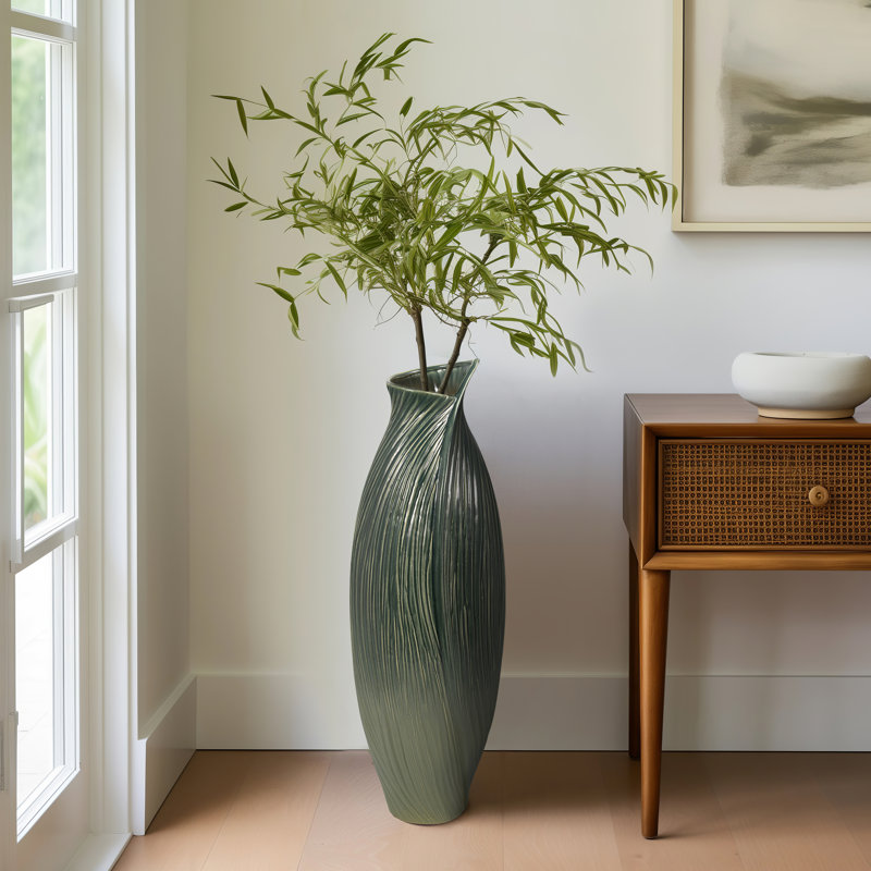 Modern Cylinder Ceramic Floor Vase for Living Room Decor - Tall Decorative Flower Accent for Home Entryway or Corner Styling - Green