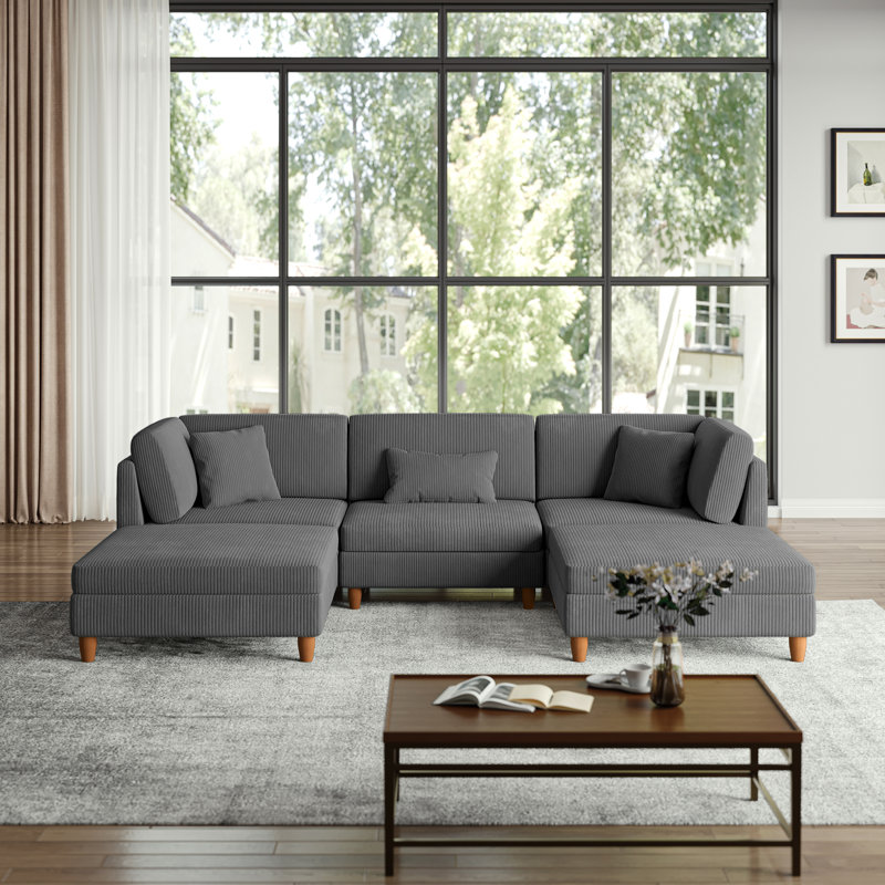 Seemab 5 - Piece Upholstered Gray Corduroy Modular Sectional with Pillow Back and Removable Ottoman, Gray