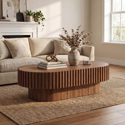 Table basse moderne, longueur de 43,70 po, panneau de fibres à densité moyenne et bois avec placage de bois, relief en bois massif, base robuste en panneau de fibres à densité moyenne, assemblage facile, multifonctionnel