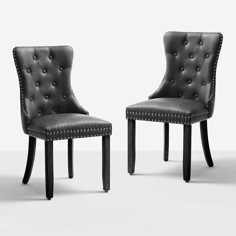 PU Faux Leather Dining Chairs Retro Style with Nailhead Trim & Button Tufted Back Set of 2, Matte Black 