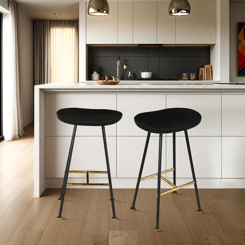 Aronson 24" Backless Counter Stool with Mango Wood Saddle Seat | Black Iron Legs | Gold Footrest