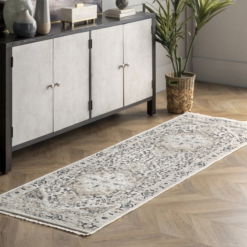 Uriegas Performance Medallion Fringed Beige/Gray/Brown Rug, Runner 2'6" x 10'