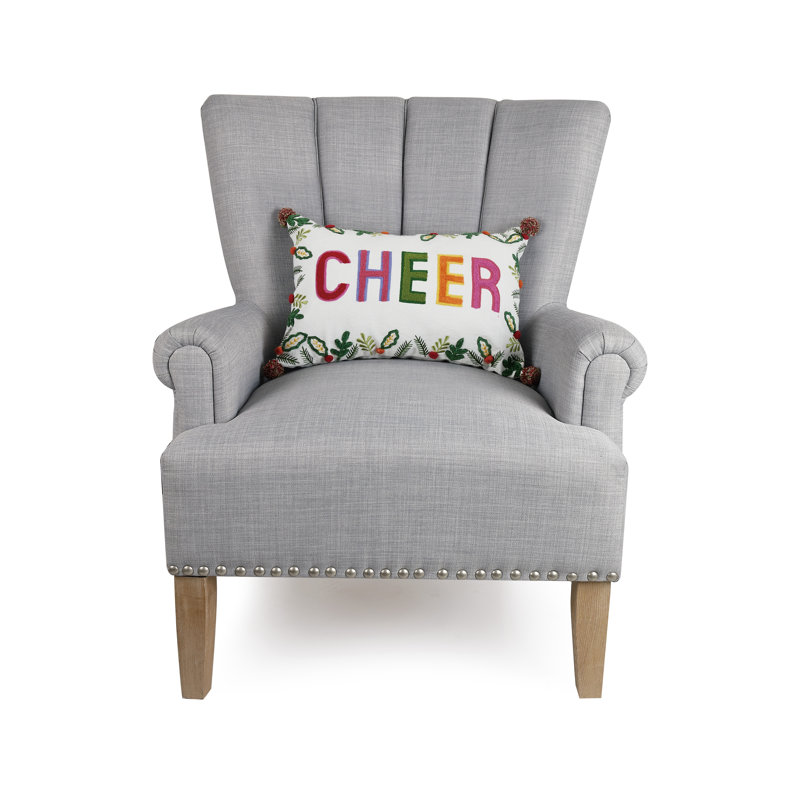 Colorful Holiday Cheer Embroidered Pillow with Pom Poms