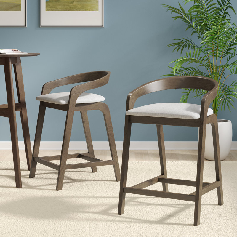 Tabouret de comptoir rembourré en bois Gurnaik, Beige, Gris
