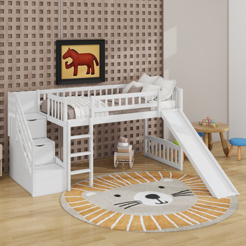 Lit mezzanine simple avec glissière Stairway, Blanc