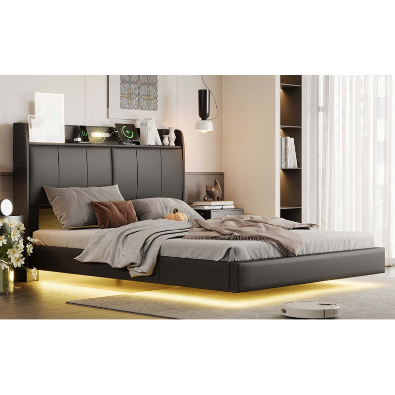 Structure de lit flottant pour grand lit avec tête de lit avec rangement, lit plateforme tapissier moderne avec veilleuse tactile et chargeur USB