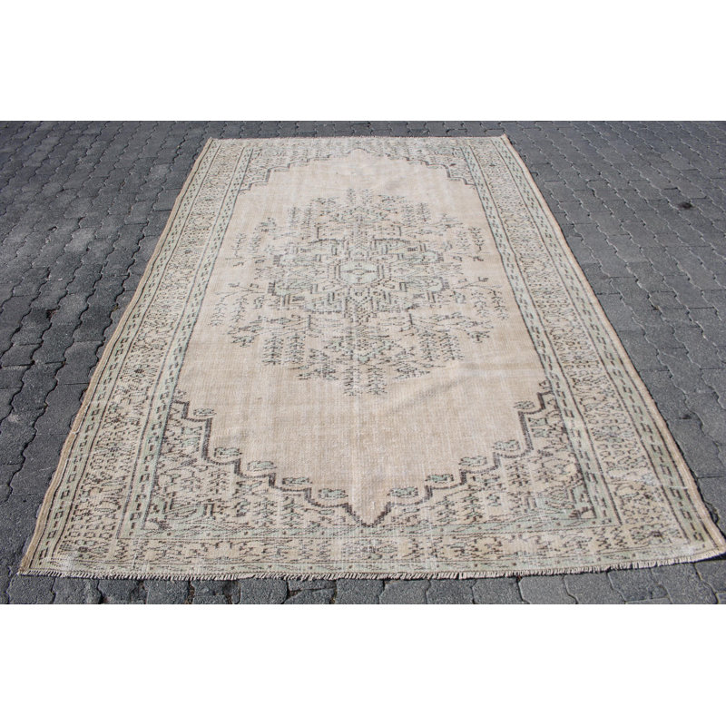 Tapis rétro beige en laine nouée à la main de style rétro Anatolian