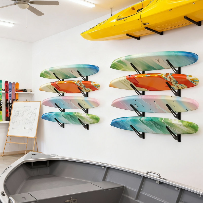 Support de rangement Wakeboard, présentoir à 4 niveaux de fixation murale réglable, support pour équipement de sports nautiques robuste pour planche de surf, planche de sillage, planche à neige, supporte jusqu'à 120 lb