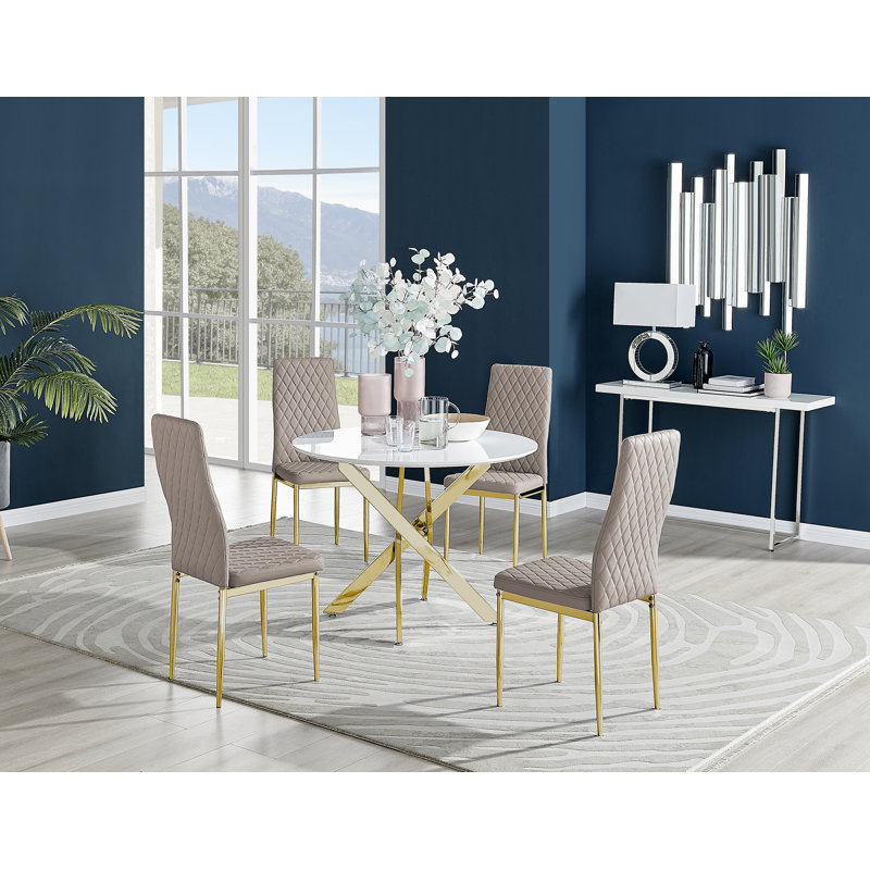 Tierra Sleek Gold and White Gloss Round Dining Table Set with 4 Luxury Faux Leather Dining Chairs