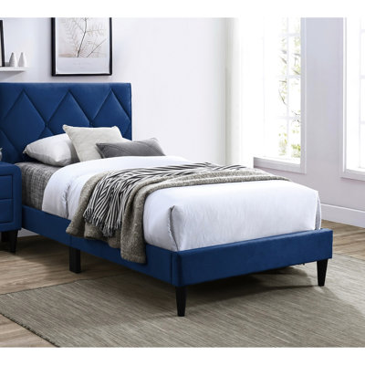 Lit double avec revêtement en velours bleu marine, 12 lattes de soutien et une tête de lit élégante rembourrée, réglable pour une chambre à coucher reposante