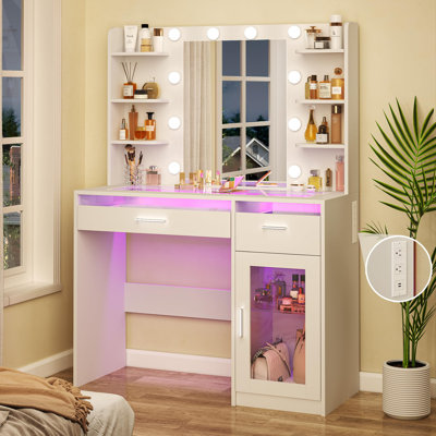 Makeup Vanity Desk With Lights, See-through Desktop, Power Outlet by Wrought Studio