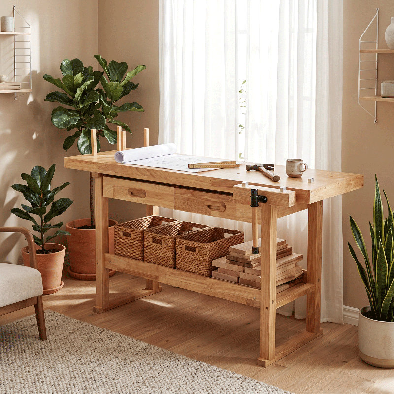 60" Heavy Duty Rubber Wood Workbench Work Table With 2 Drawers, Storage Shelf and Adjustable Handle For Workshop