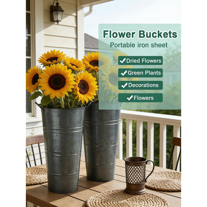Farmhouse Metal Flower Vases Set - Rustic Galvanized Tall Planter Buckets With Handles For Floral Arrangements, Wedding Centerpieces, And Home Decor