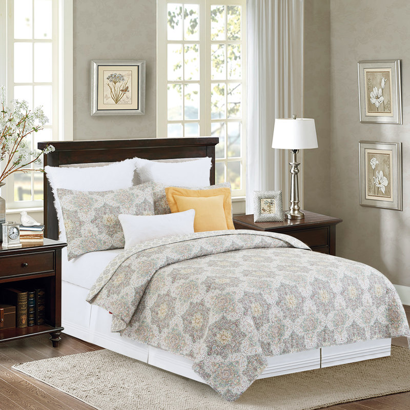 Ensemble de courtepointe réversible en coton gris 3 pièces, Courtepointe simple + taies décoratives standard