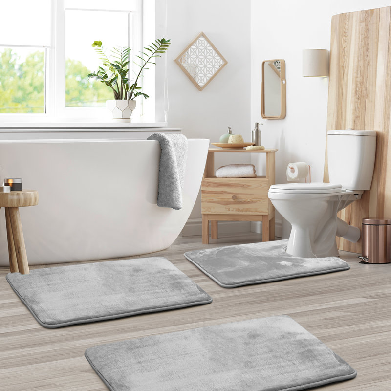 Aighan 3 Piece Ultra Soft and Absorbent Memory Foam Bath Rug Set with Non-Slip Backing, Silver
