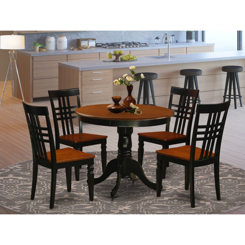 5 Piece Modern Dining Table Set Includes a Round Kitchen Table with Pedestal and 4 Kitchen Dining Chairs, 36x36 Inch, Black & Cherry