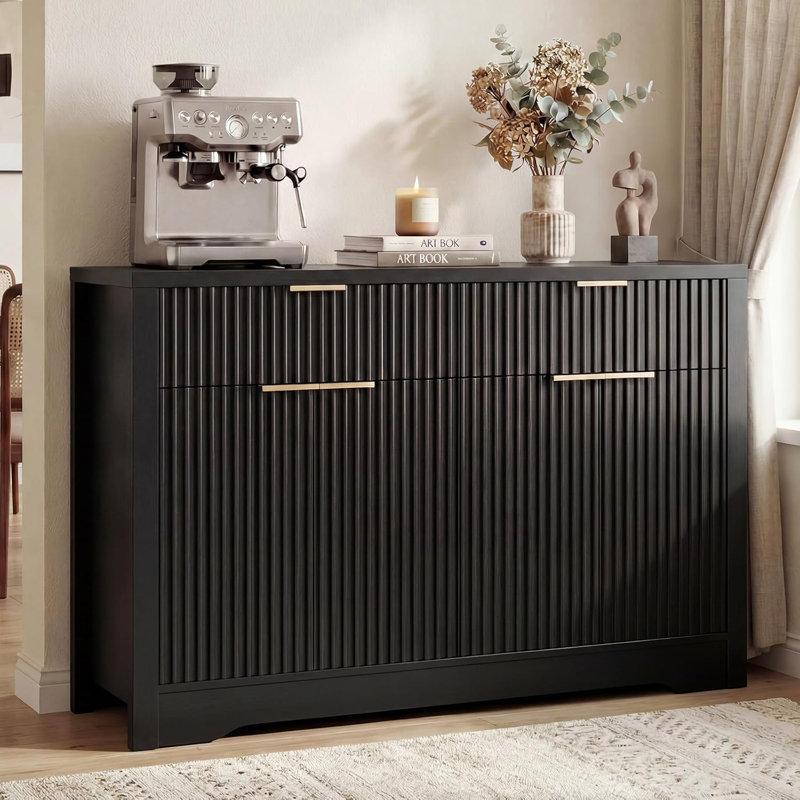 55" Buffet Cabinet with Storage, Drawers, and Adjustable Shelves, Black