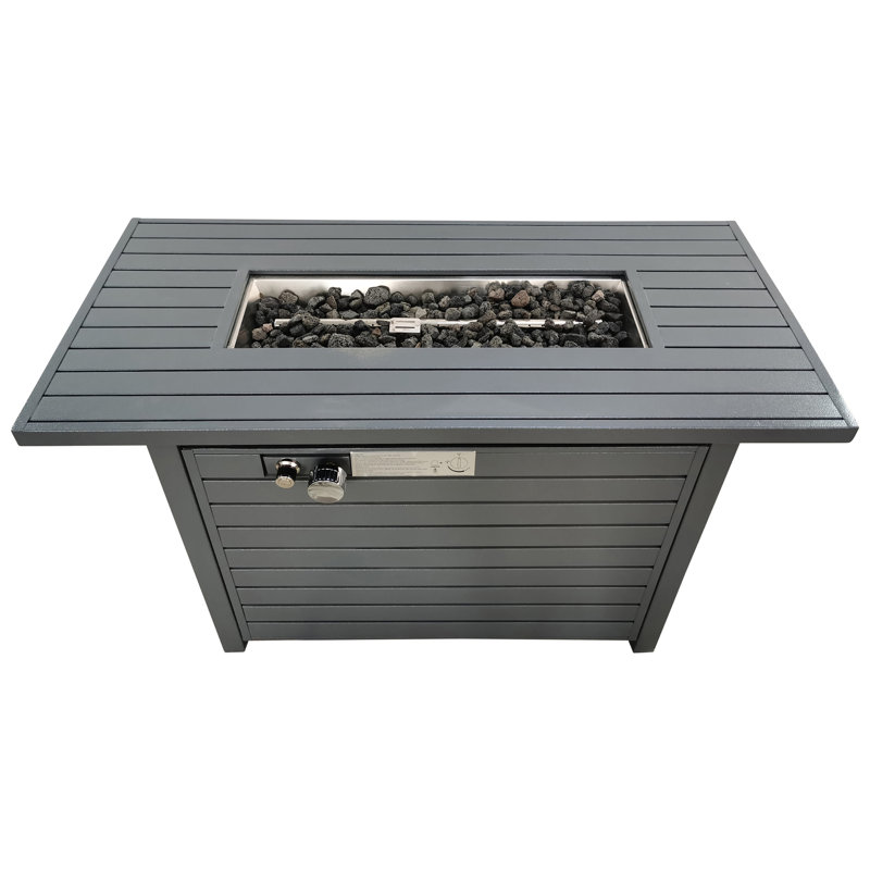 Outdoor Steel Propane Fire Pit Table, 50000 , 8-Hour Burn Time, Push-Button Ignition, 42''W X 25''H, Grey, Battery Included Grey Table With Lid, Output, 8 Hours 42'' 25'', Lava Rocks