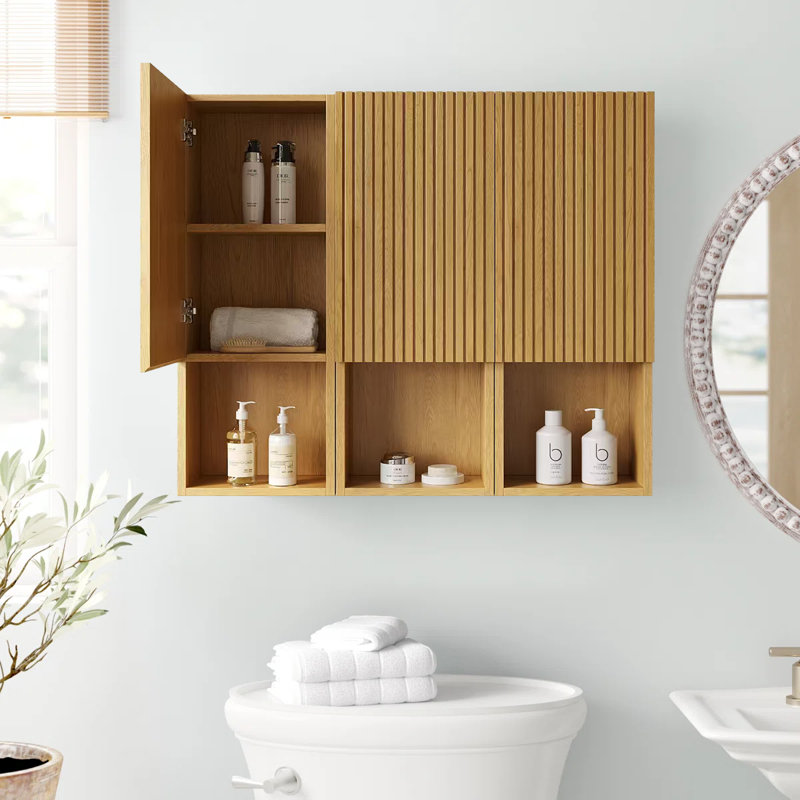 Meuble-lavabo mural moderne en noyer massif de 41,5 po avec tablette à lattes en bois massif avec tablette
