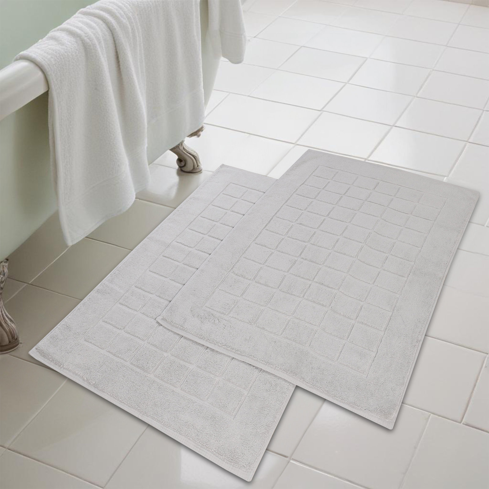 Nora Cotton Terry Solid Absorbent Thick Checkered Washable 2 Piece Bath Mat Set, Silver