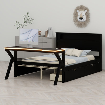 Lit de jeu en bois avec tête de lit à DEL changeant de couleur, bureau d'étude à DEL intégré, double charge USB et deux tiroirs spacieux