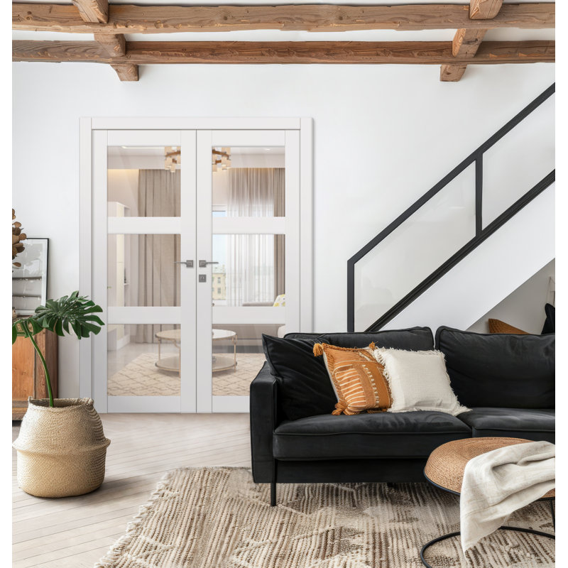 Smart Pro 3 Lite Active Polar White Clear Glass Manufactured Solid Core Double Prehung Interior Door, Reversible