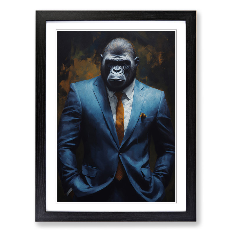 Gorilla in a Suit Painting - Framed Print, 46cm H x 34cm W x 2cm D, Black