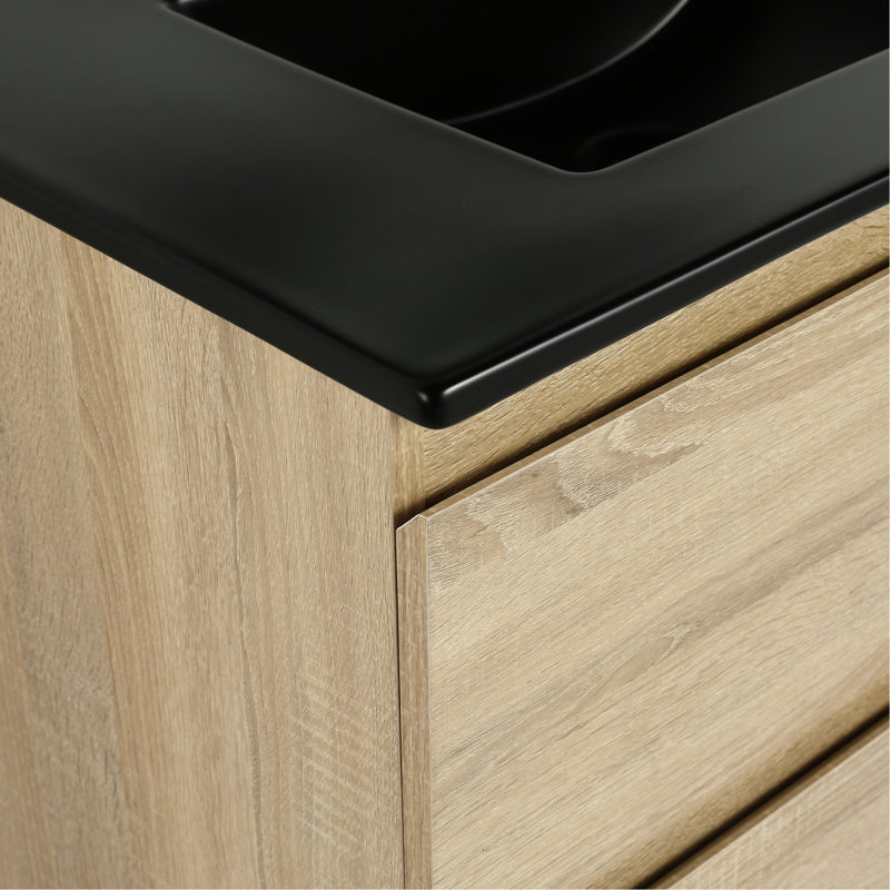 Meuble-lavabo de 30 po avec lavabo en céramique noire et 2 tiroirs à fermeture en douceur. Chêne. Lavabo moderne au design élégant et finition chêne, grand espace de rangement