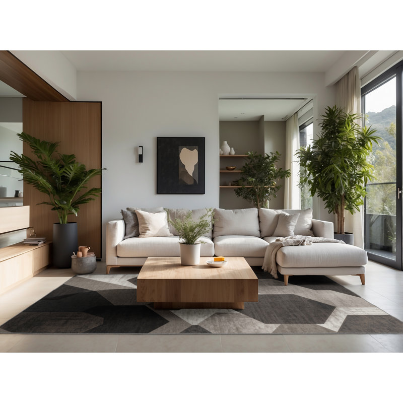 Tapis gris moelleux à motif géométrique moderne et contemporain, 2x5