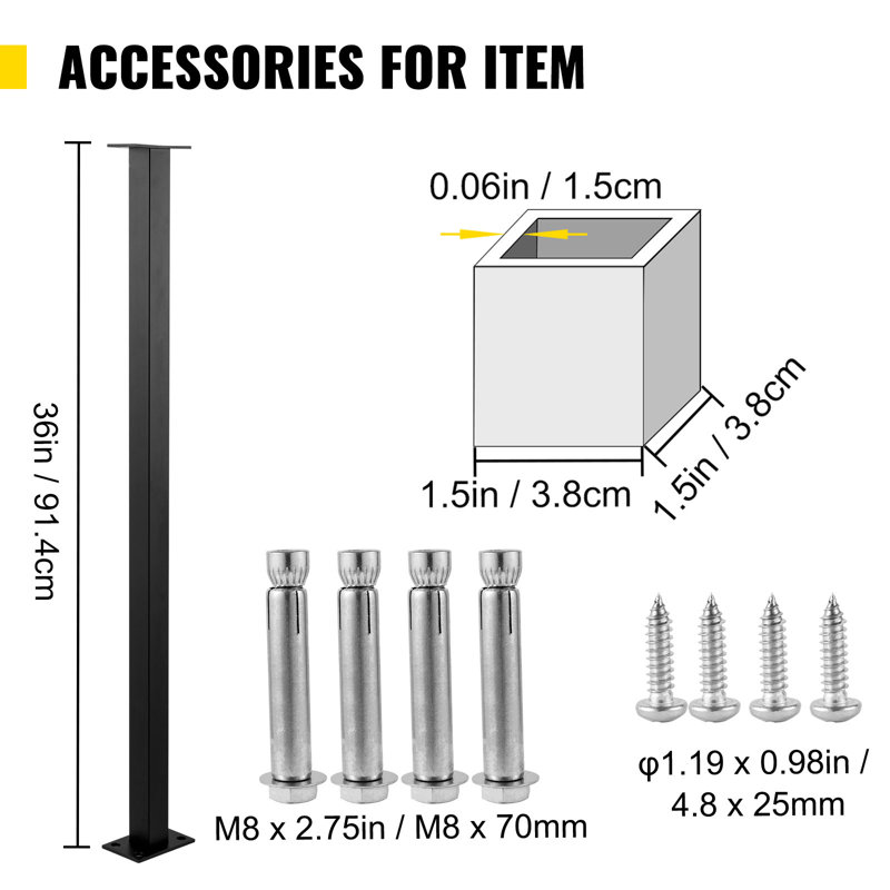 Black Stainless Steel 36" Cable Rail Post for Deck and Porch