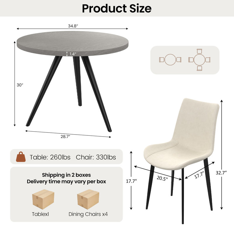 Ensemble de table de salle à manger 5 pièces, table de cuisine moderne 34,7 po avec chaises, Gris du Rhin, Beige