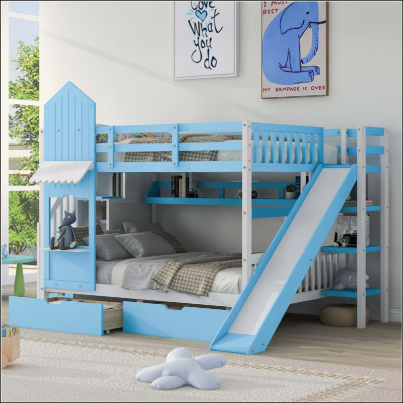 Lit superposé de style château avec 2 tiroirs, 3 tablettes et glissade, Blue, Full