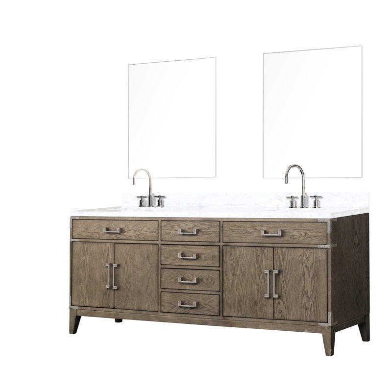Meuble-lavabo double en chêne gris 80 po L, 22 P, plateau en marbre poli, robinet, 36 miroirs de large