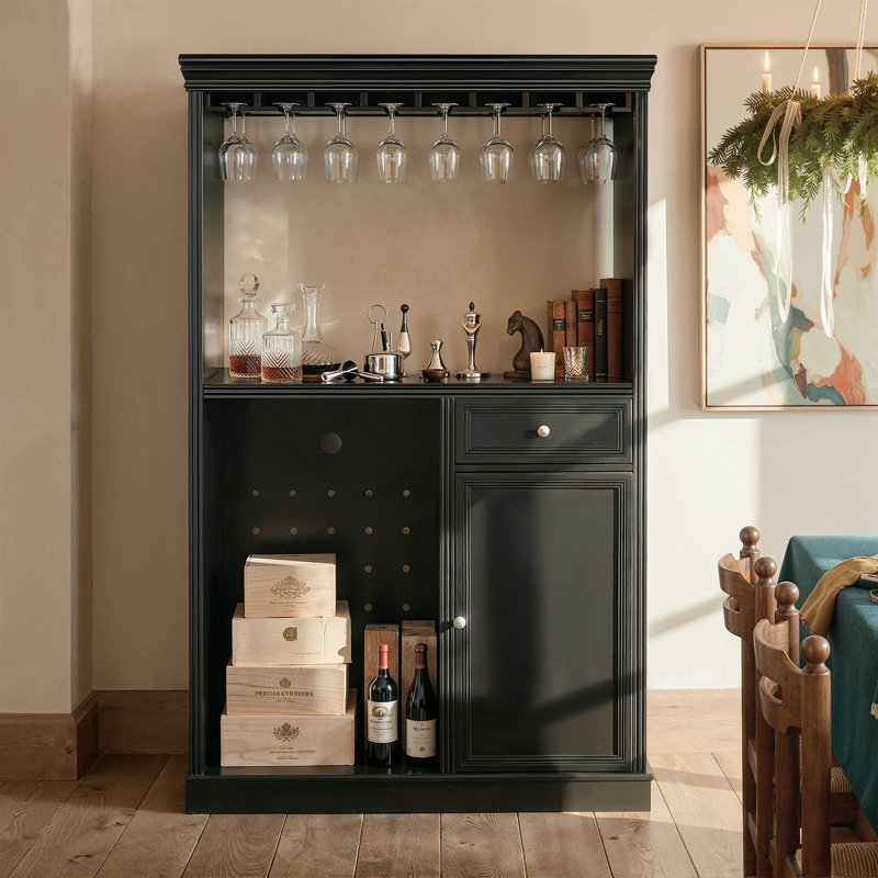 Bar Cabinet With Built-In Fridge Space, Wine Bottle Rack & Drawer