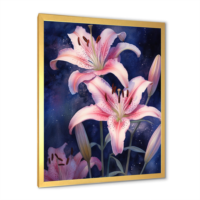 Pétales de lis roses et bleus sur toile, H 44 po x l 34 po x P 1,5 po, Cadre doré simple