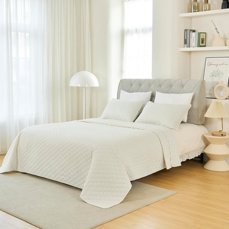 Monzell Polyester Geometric Shapes Bedspread with Pillowcases, 220 x 240cm - 2 Pillowcases, Beige