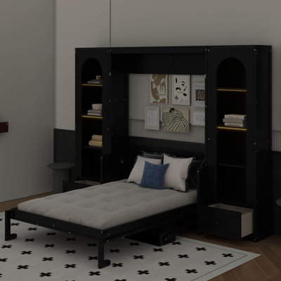 Grand lit plateforme escamotable avec tablette, armoires latérales, tiroirs et DEL