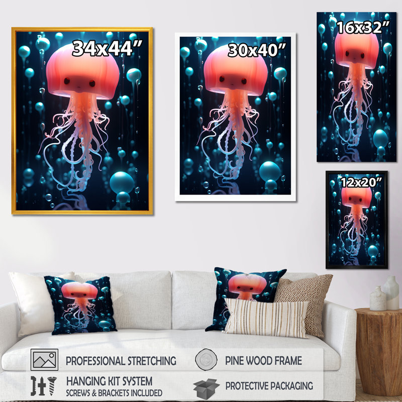 Adorable méduse pour chambre d'enfant III - méduse, art mural, Cadre photo noir, H 20 po x l 12 po x P 1 po