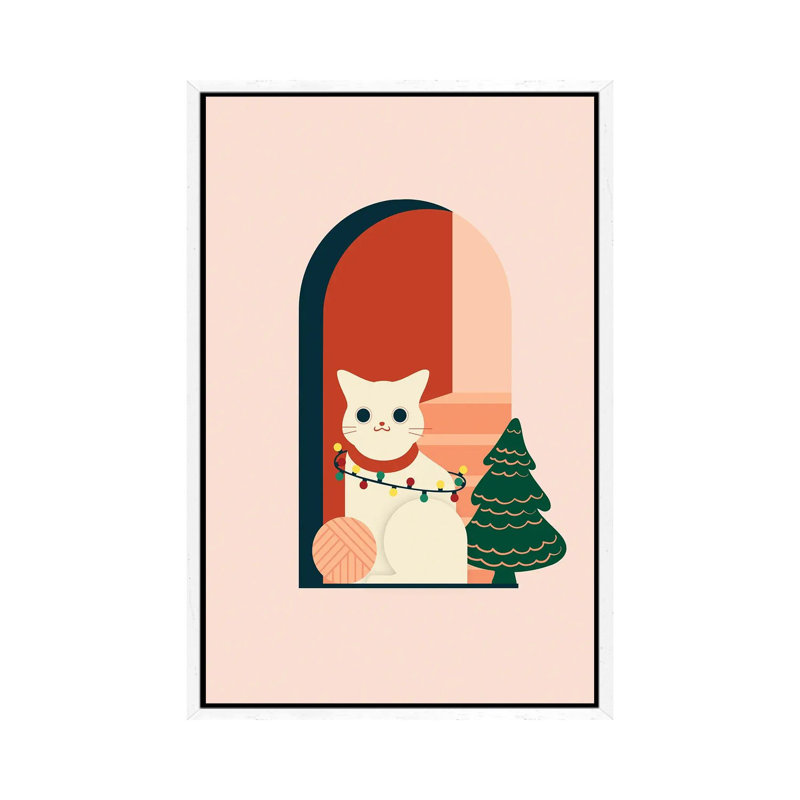 Christmas Cat - Print on Canvas, 101.6 cm H x 66.04 cm W, White Framed