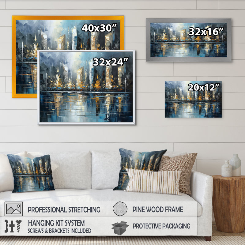 «Abstract City Skyline3», reproduction d'art sur toile, Cadre flottant doré, H 12 po x l 20 po x P 1 po