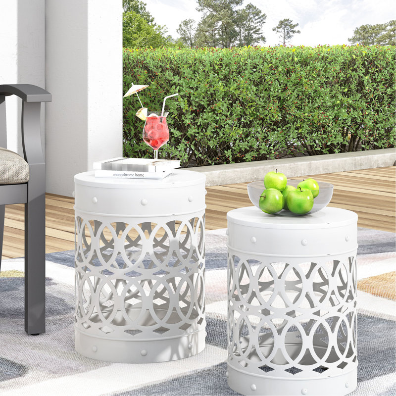 Outdoor Metal End Table Pair S/2, Modern Style, White Powder-Coated Iron, Iron Cut Design, No Assembly, 13.62W X 13.62D 17.88H & 12.00W 12.00D 16.00H Frame,
